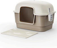 Cat Litter Box with Litter Mat and Scoop,High Wall Enclosed Cat Litter Boxes for Anti-Leakage, Covered Kitty Litter Box with Handle and Buckles for Portability and Privacy, Odor Control (Brown)