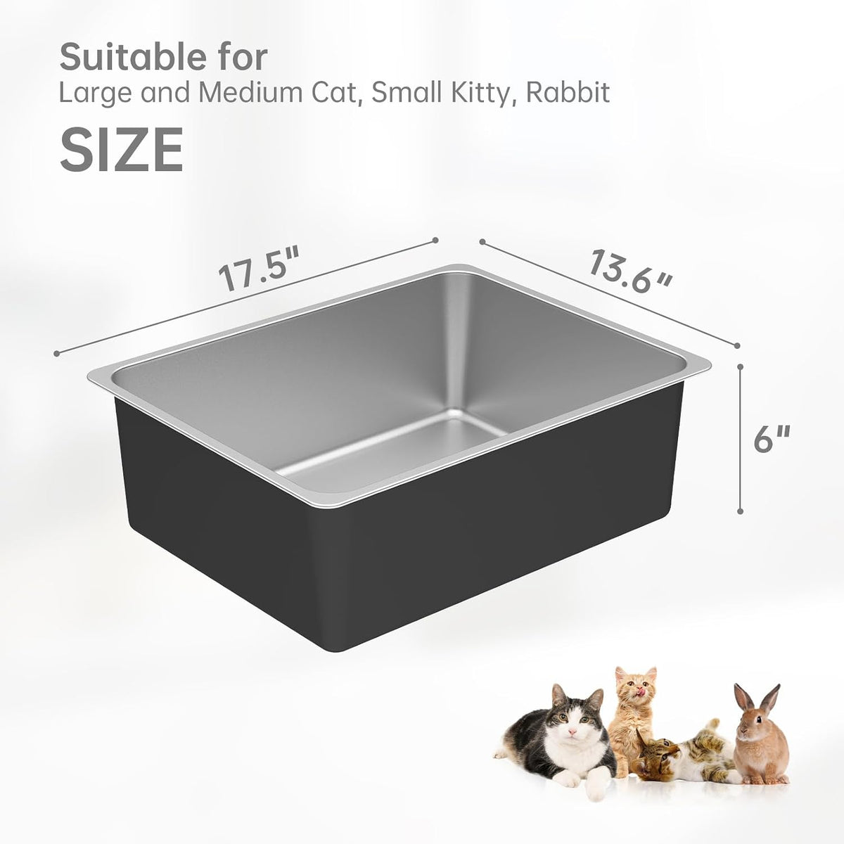 Ohtomber High Sided Stainless Steel Cat Litter Box – Daily Care for Cats - 17.5"L × 13.6"W × 6"H - image 2