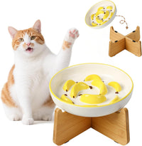 Ceramic Slow Feeder Cat Bowl - Yellow Elevated (Bamboo) / 3.7"H Elevated (Bamboo)