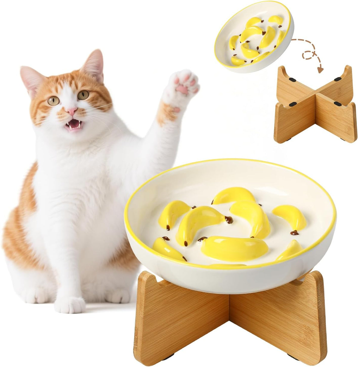 Ceramic Slow Feeder Cat Bowl - Yellow Elevated (Bamboo) / 3.7"H Elevated (Bamboo)