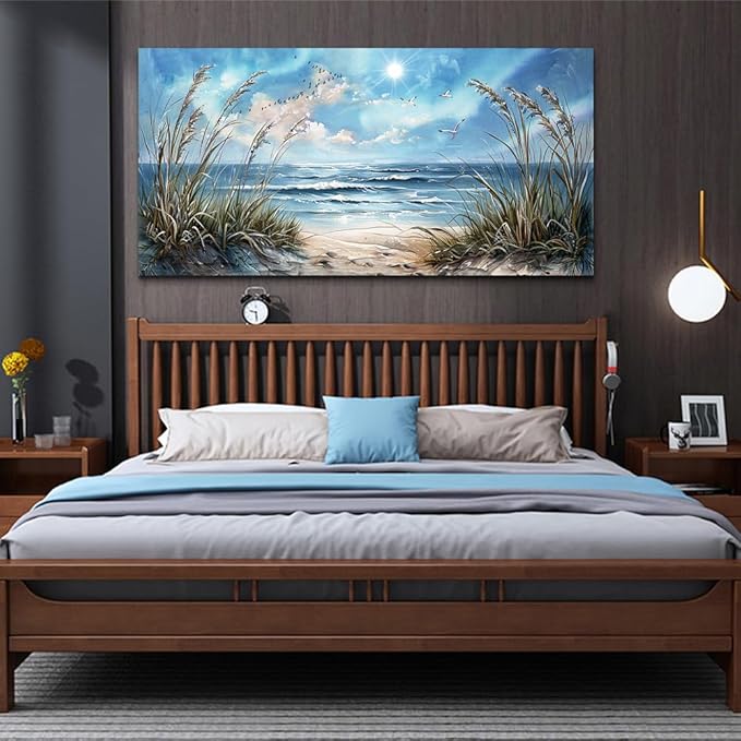 hyidecorart Large Wall Art For Living Room Wall Decor For Bedroom Sunshine Ocean Scenery Painting Blue Sea Waves Wall Pictures Office Modern Canvas Prints Artwork Aesthetic Home Decoration 48"X 24"