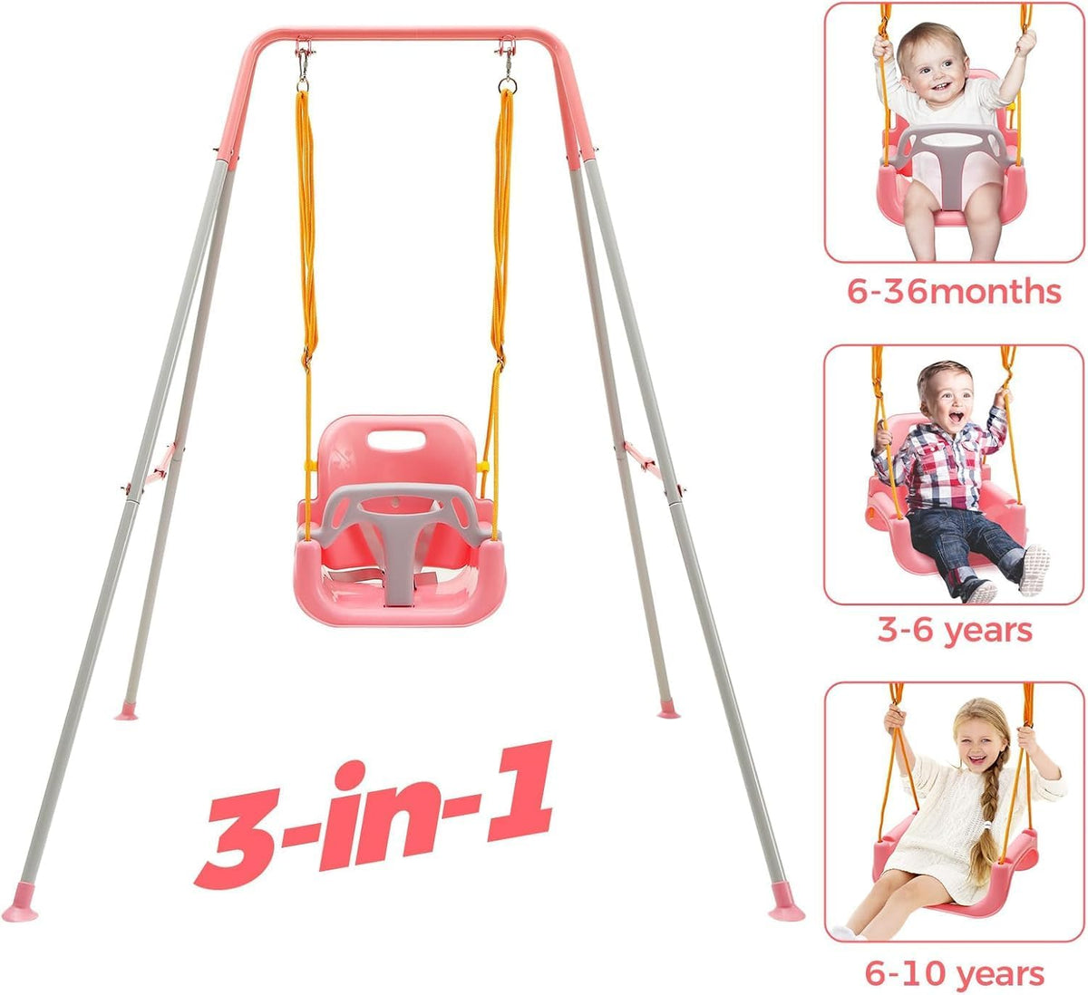FUNLIO Toddler Swing with Foldable Metal Stand for Toddlers Aged 1~10 - Pink - image 2