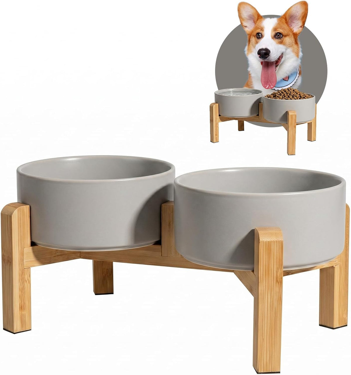 Elevated Ceramic Dog Bowl - Light Gray / Medium