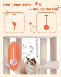 Taoqimiao Cat Tree, 66.2-Inch Cat Tower for Indoor Cats, Plush Multi-Level Cat Condo with 12 Scratching Posts, 2 Perches, 2 Caves, Hammock, 2 Pompoms, Jelly Pink MS013P