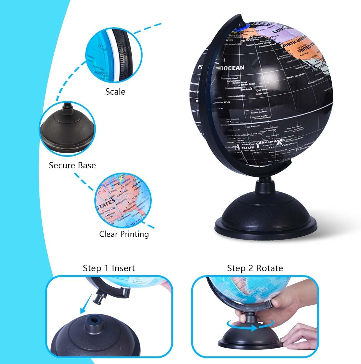 KISEER 8 Inch World Globe with Stand Rotating Earth Spinning Globe - Black - image 3