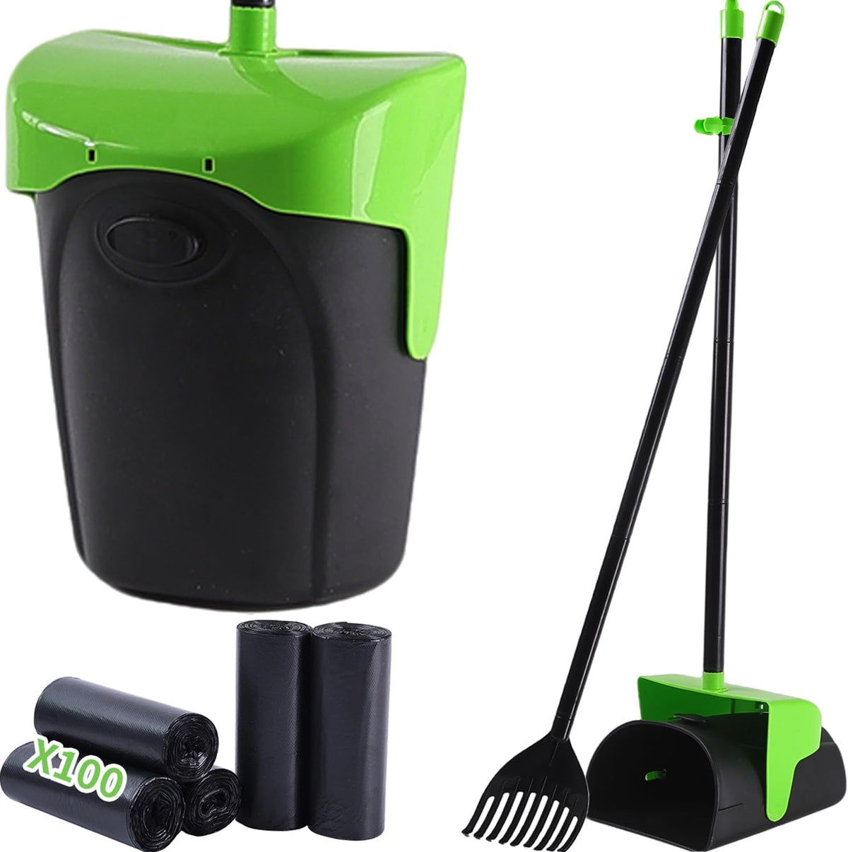 Pooper Scooper Large Swivel Bin & Rake with 160 Waste Bags - Green(43" Tall)