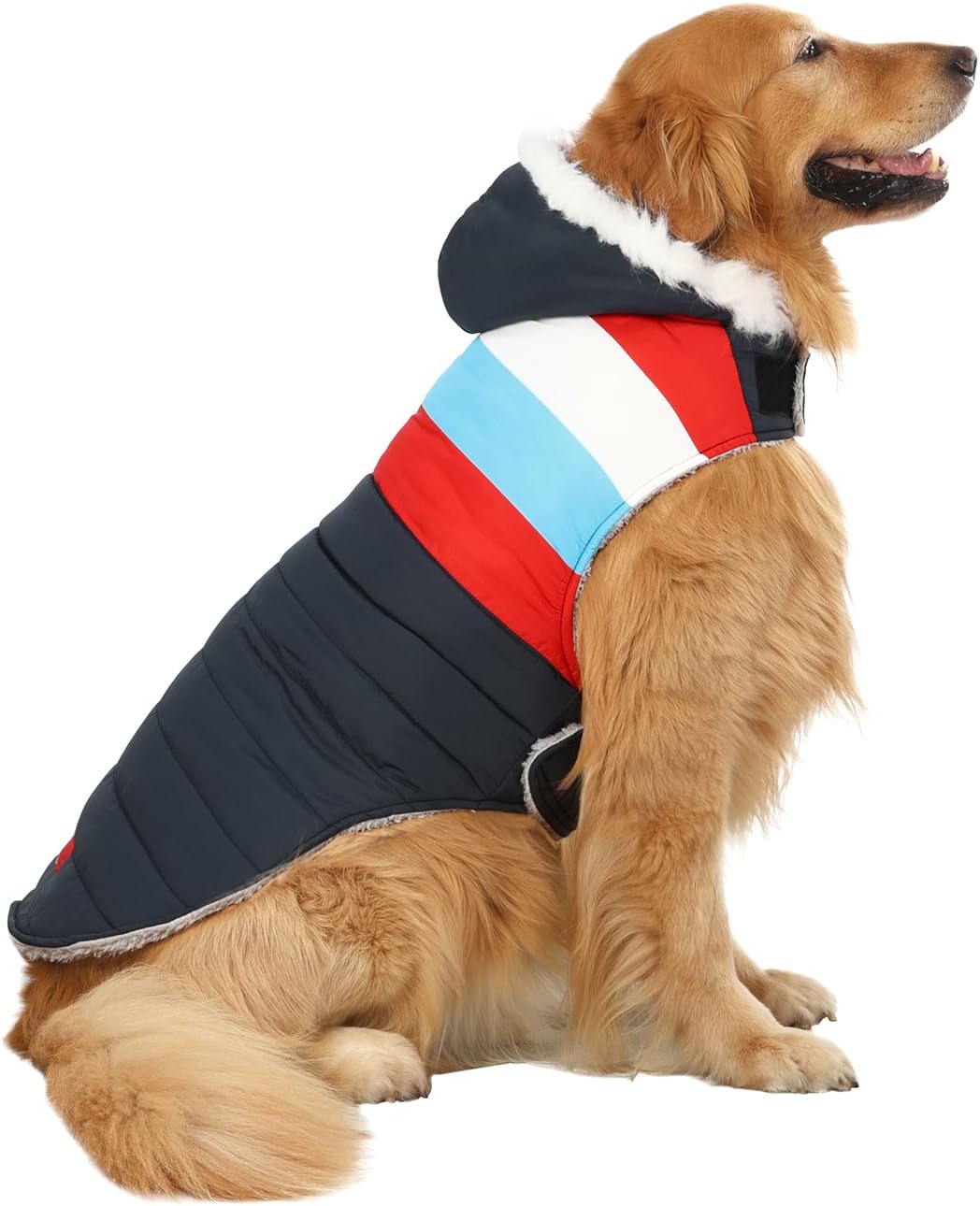 HDE Dog Puffer Jacket Fleece Lined Winter Coat & Harness Hole NVY - X-Large / Patriotic