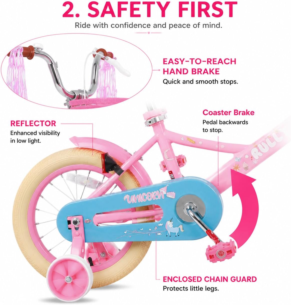 RULLY pink unicorn kids bike with training wheels, front basket, doll seat and streamers - view 6