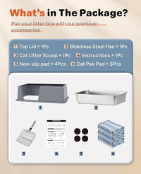 Stainless Steel Litter Box with Lid, 23.5" L x 15.8" W x 10.5" H, Large Metal Cat Box for Big Cats, High Sided Kitty Litter Box with Scoop & Pee Pads, Non-Sticky, Anti-Leakage, Easy to Clean (Gray)