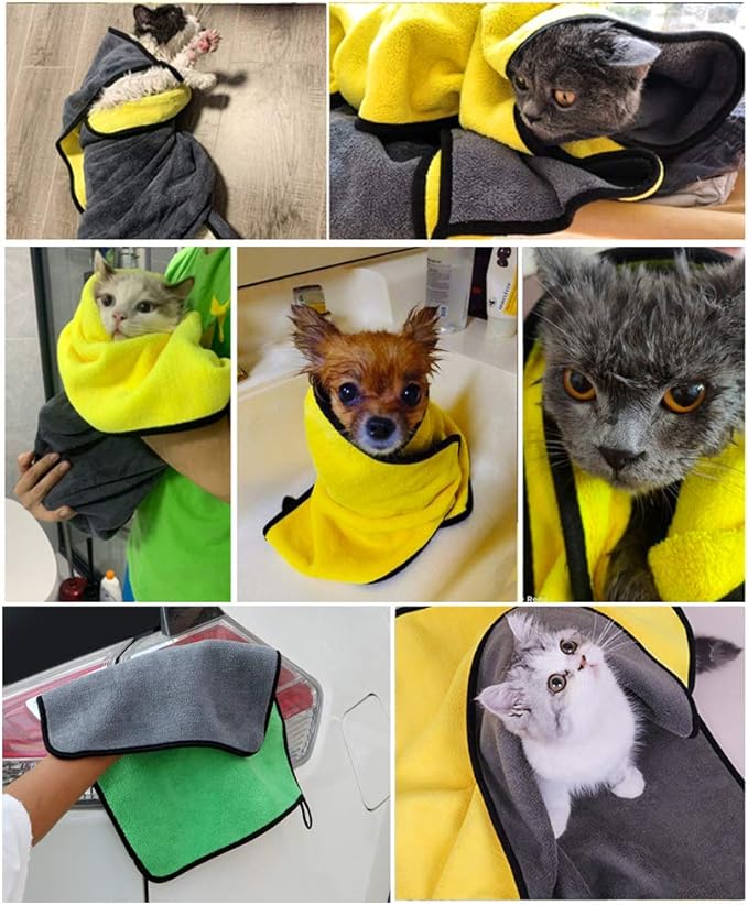 2 Pack Dog Towels Super Absorbent Pet Bath Towel Microfiber Dog Drying Towel for Small Medium Large Dogs and Cats, Machine Washable, 19.7Inch x 39.4Inch, Yellow-Grey & Green-Grey