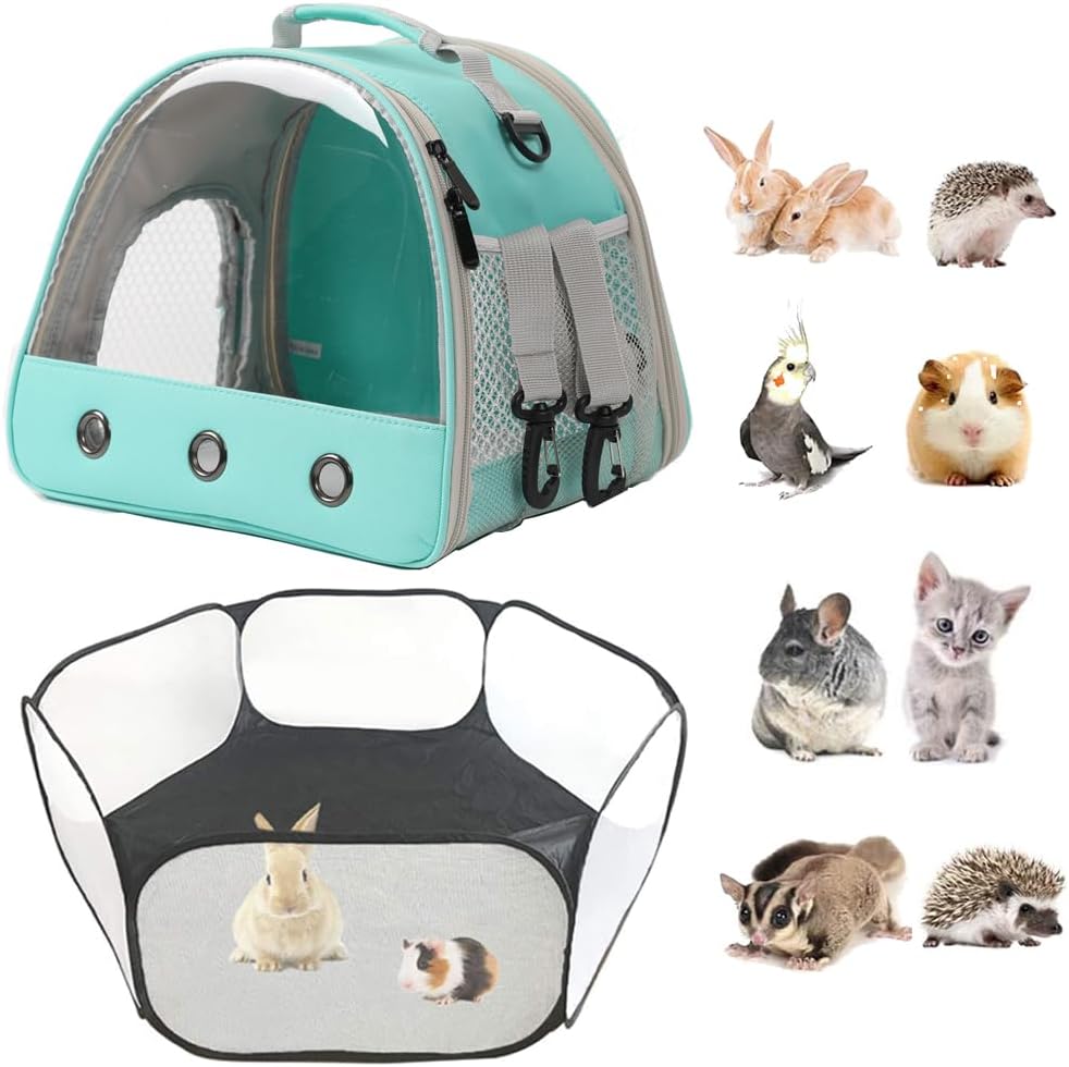 Small Animals Tent, Breathable Transparent Pet Playpen Pop Open Outdoor/Indoor Exercise Fence - Green / TPU Carrier+Playpen