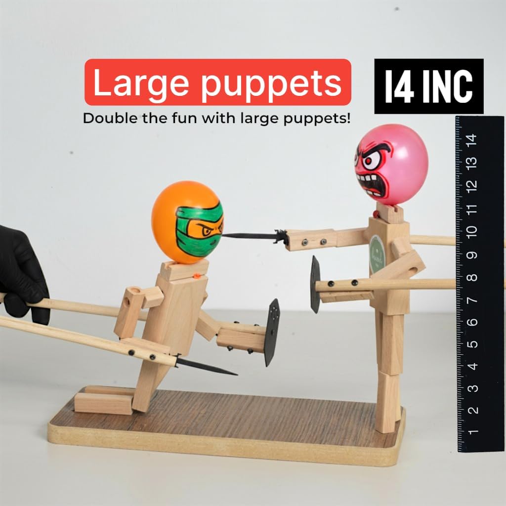 Akargol handmade wooden fencing puppets with swords, shields and balloons for a 2 player duel - view 4
