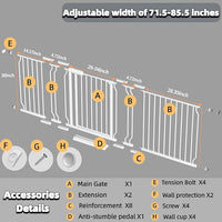 TSAYAWA Baby Gate Extra Wide Fits 71.5-85.8 inch Wide Opening - Dog Pet Gates for Doorways Stairs No Drilling Pressure Mounted - Large Child Safety Gate Indoor Outdoor White