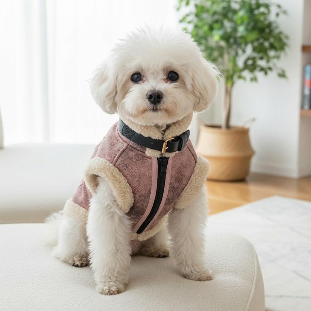 Retro Aviator Dog Jacket – Faux Leather Winter Coat with Plush Sherpa Fleece Lining for Bulldog - Pink / X-Small - image 4