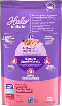 Halo Holistic Indoor Cat Food Dry, Grain Free Wild-caught Salmon & Whitefish Recipe for healthy weight support, Complete Digestive Health, Dry Cat Food Bag, Adult Formula, 6-lb Bag