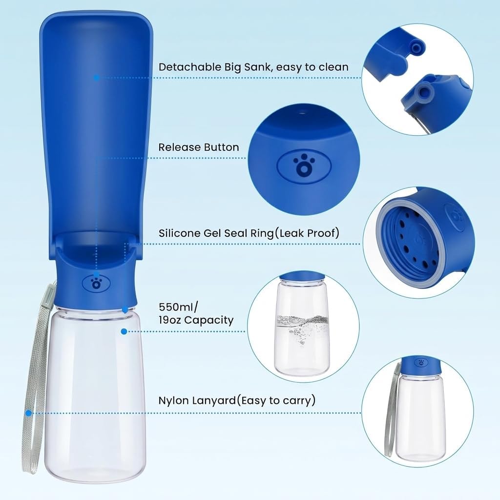 Portable Dog Water Bottle Dispenser [Leak Proof & Foldable] Dog - Dark Blue / 19OZ - image 2