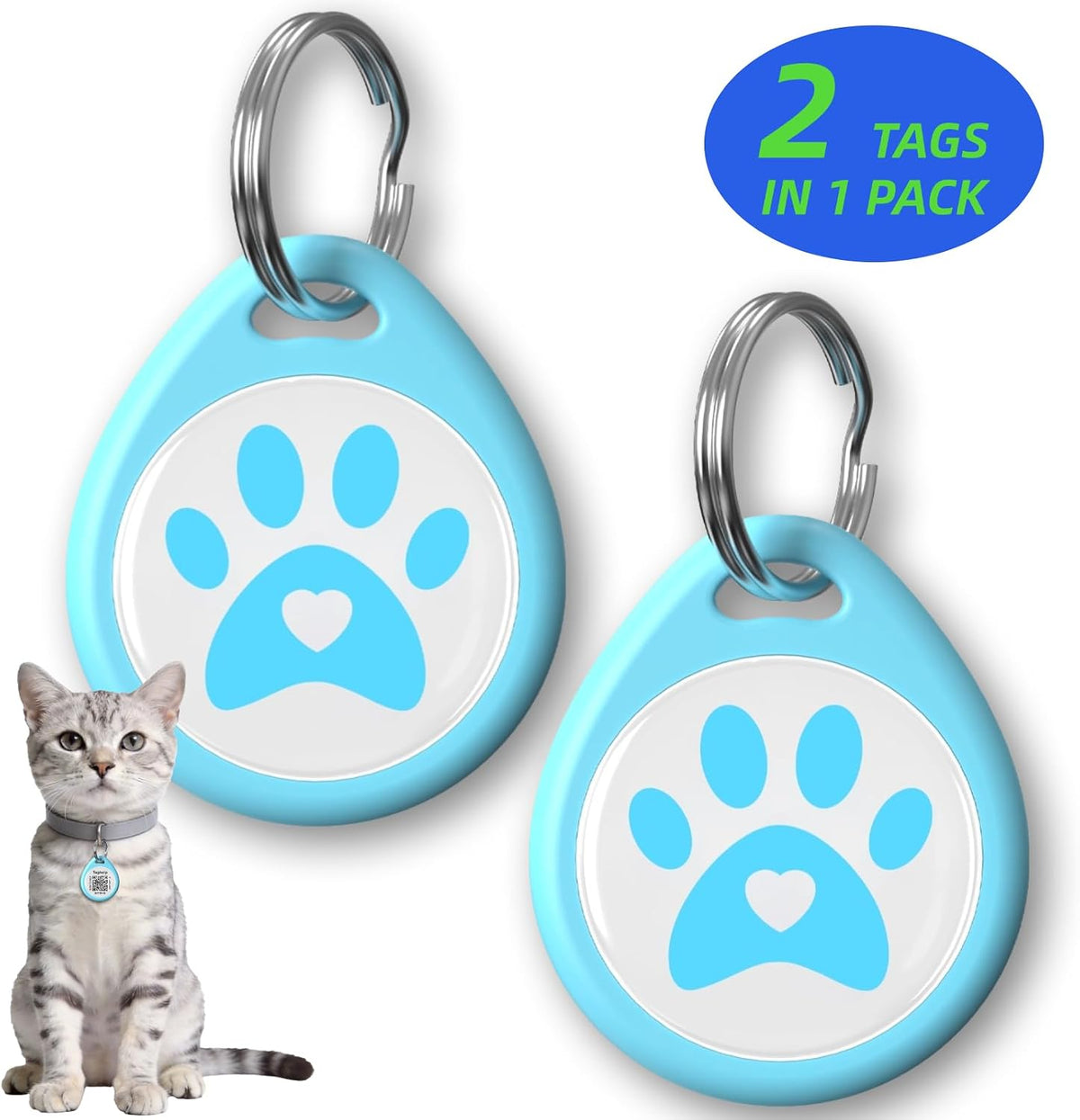 2-Pack QR Code Pet ID Dog cat Tags for Collar Personalized for Cats - Blue&blue / for cat - 1"