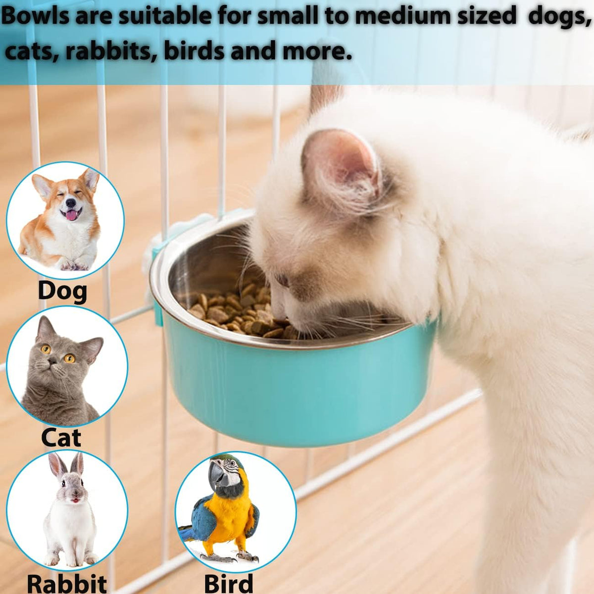 2 Pieces Crate Dog Bowl, Removable Stainless Steel Pet Kennel Hanging Food Water Feeder Bowl Cage - Blue,Green - image 3