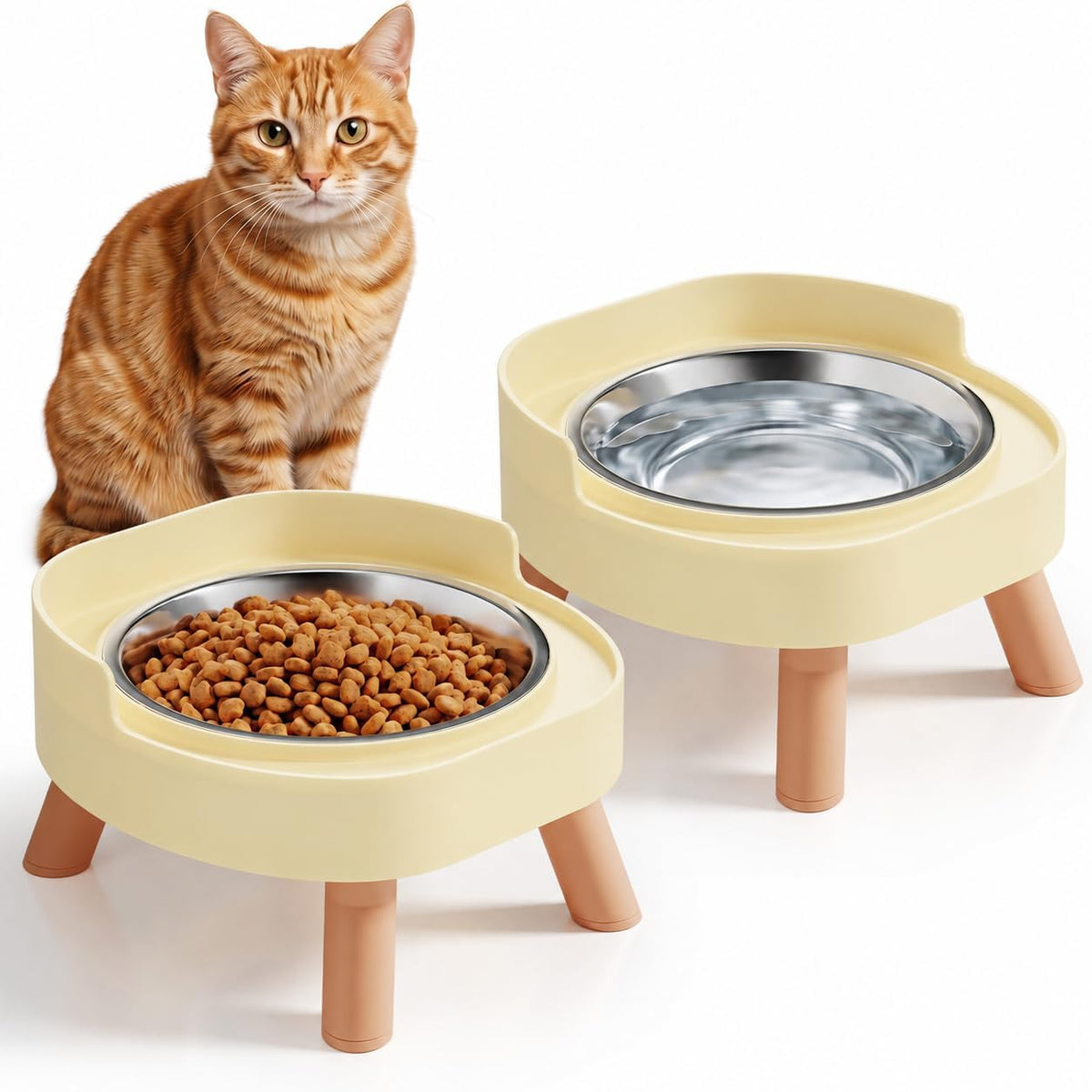 Elevated Cat Bowls, 2P Raised Cat Food and Water Bowl Set for Indoor Cats, Splash Proof with 2 - 2P Cat Bowls - Yellow
