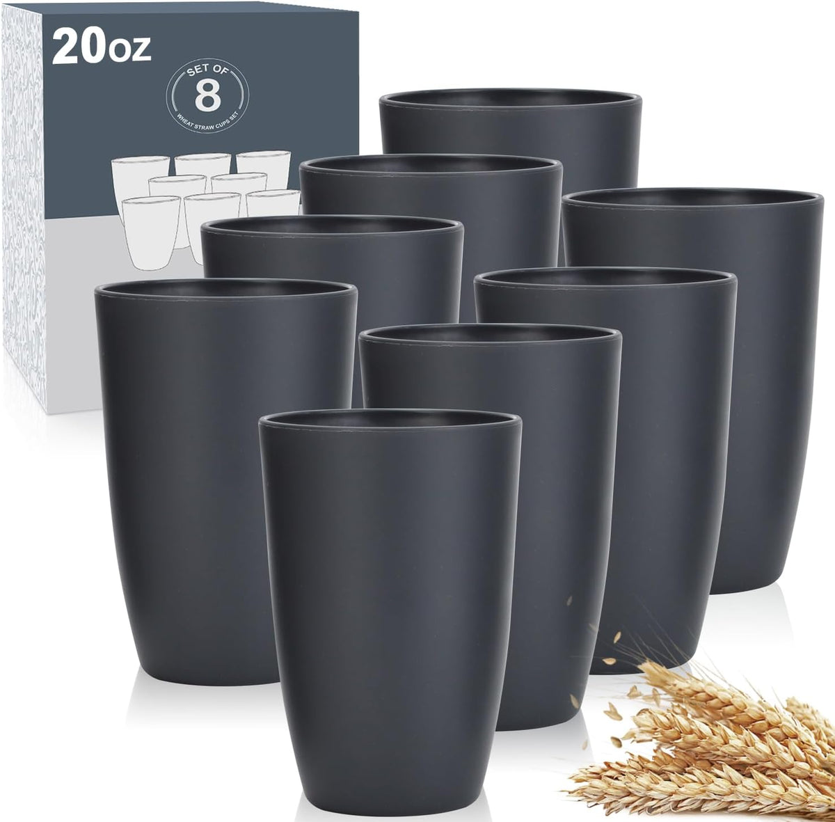 Wrova set of 8 black reusable wheat straw cups, 20 oz, stackable
