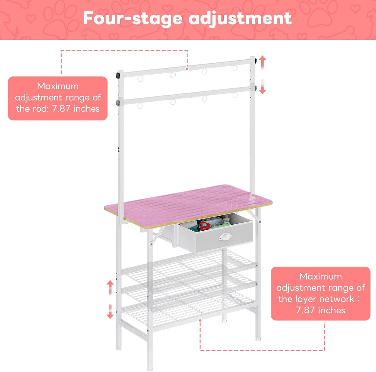 Dog Grooming Table with Drawers and Mesh Tray - Pink / Medium,1‑Drawer - image 4
