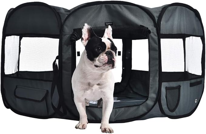 Amazon Basics Portable Soft Pet Dog Octagonal Travel Playpen, Large (45 x 45 x 24 inches), Grey