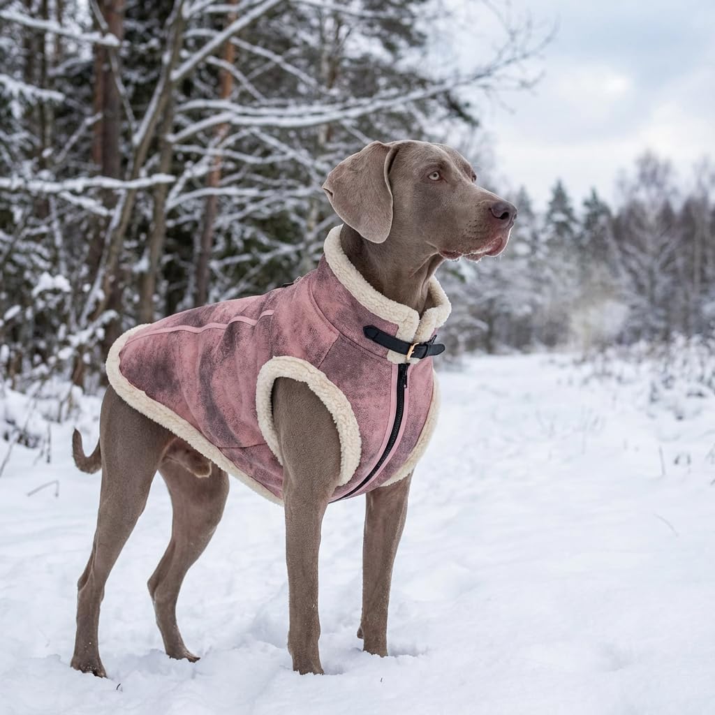 Retro Aviator Dog Jacket – Faux Leather Winter Coat with Plush Sherpa Fleece Lining for Bulldog - Pink / XXX-Large - image 2