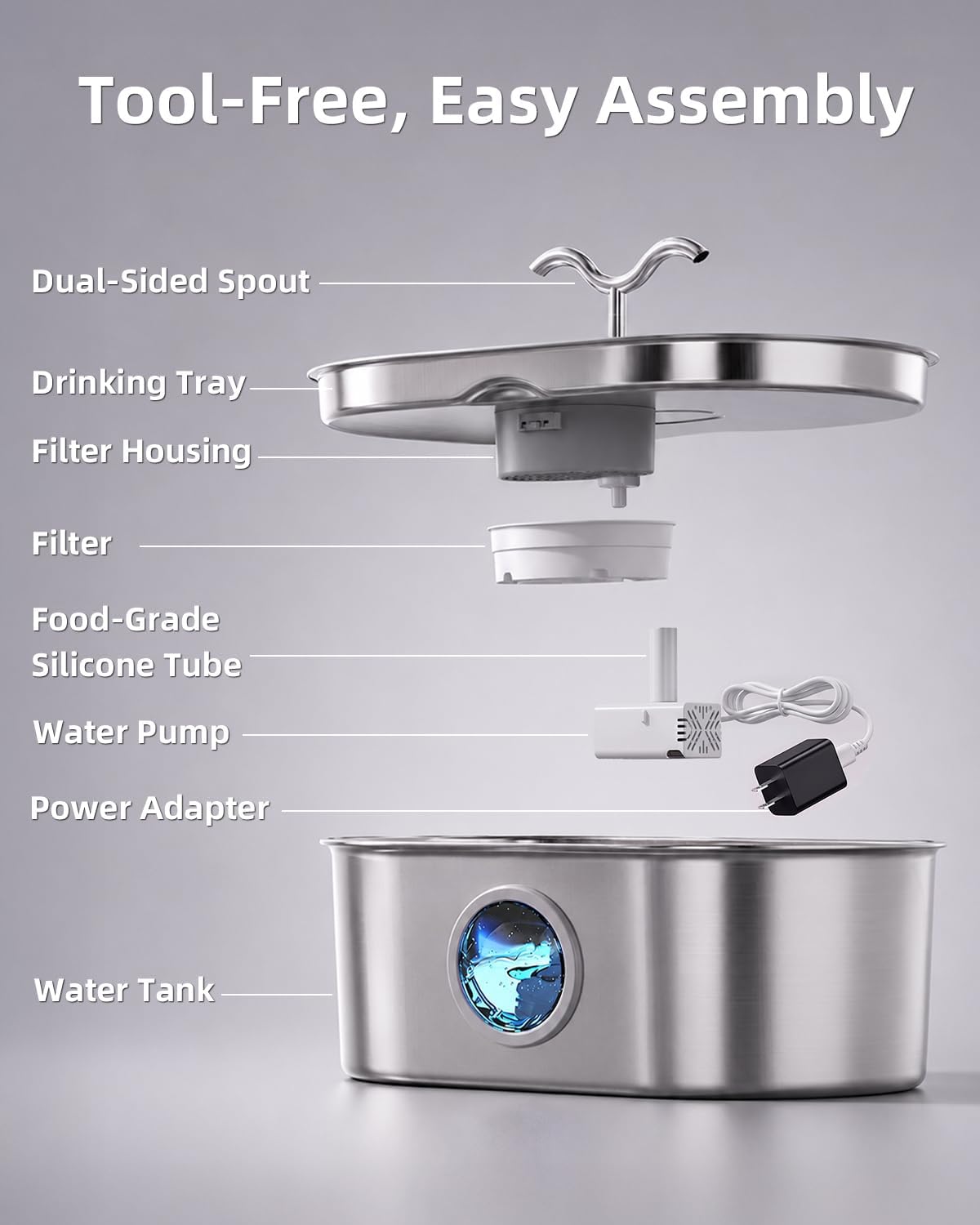 8L/270oz/2Gallon Stainless Steel Dog Water Fountain Pet Fountain – Essentials for Dogs - Fountain+6 Filters +6 Sponges - image 3