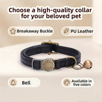 THAIN Leather Cat Collar with Bell Breakaway, Adjustable - Black - image 2