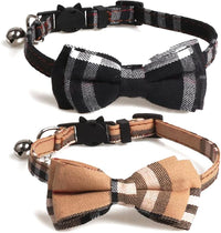 2 Pack/Set Cat Collar Breakaway with Cute Bow Tie and Bell for Kitty - Black+Brown / Plaid