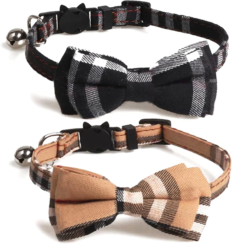 2 Pack/Set Cat Collar Breakaway with Cute Bow Tie and Bell for Kitty - Black+Brown / Plaid