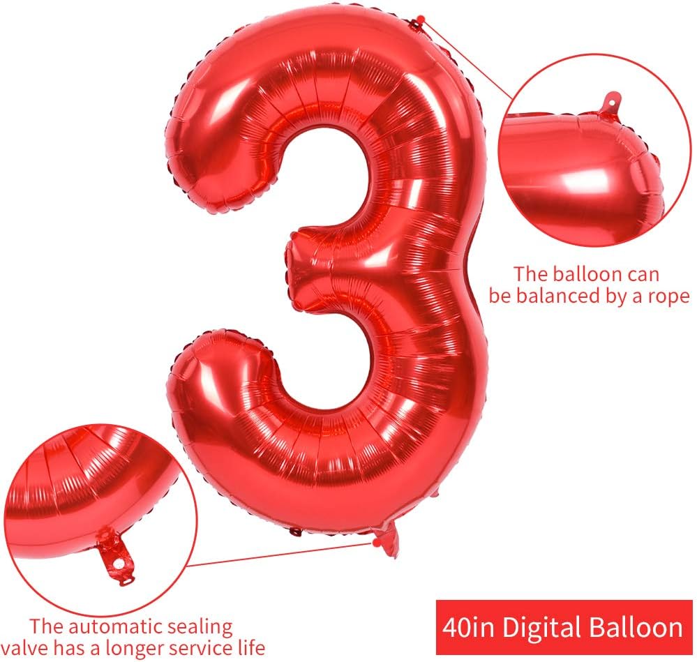 TONIFUL 40 Inch Red Number 3 Balloons Large Foil 3rd Birthday - Red / Number 3 - image 2