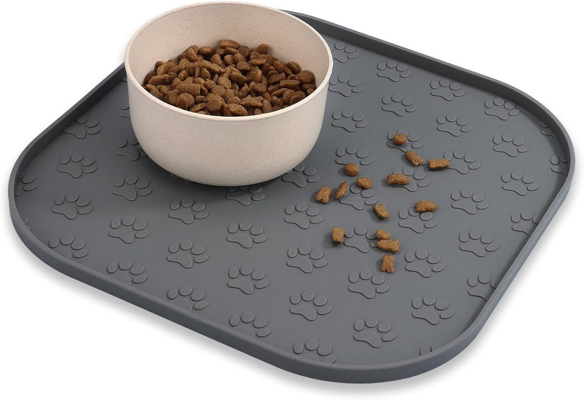 Pet Feeding Mat, Waterproof Anti-Slip Placemats for Dog Cat Bowl Silicone Pet Food Mat, Raised Edge - Gray / 11"L x 11"W