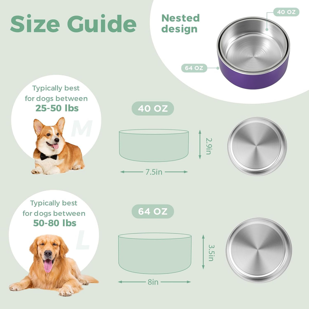 Dog Bowl, Stainless Stee Dog Water Bowl and Food Bowl - 64oz / Purple - image 4