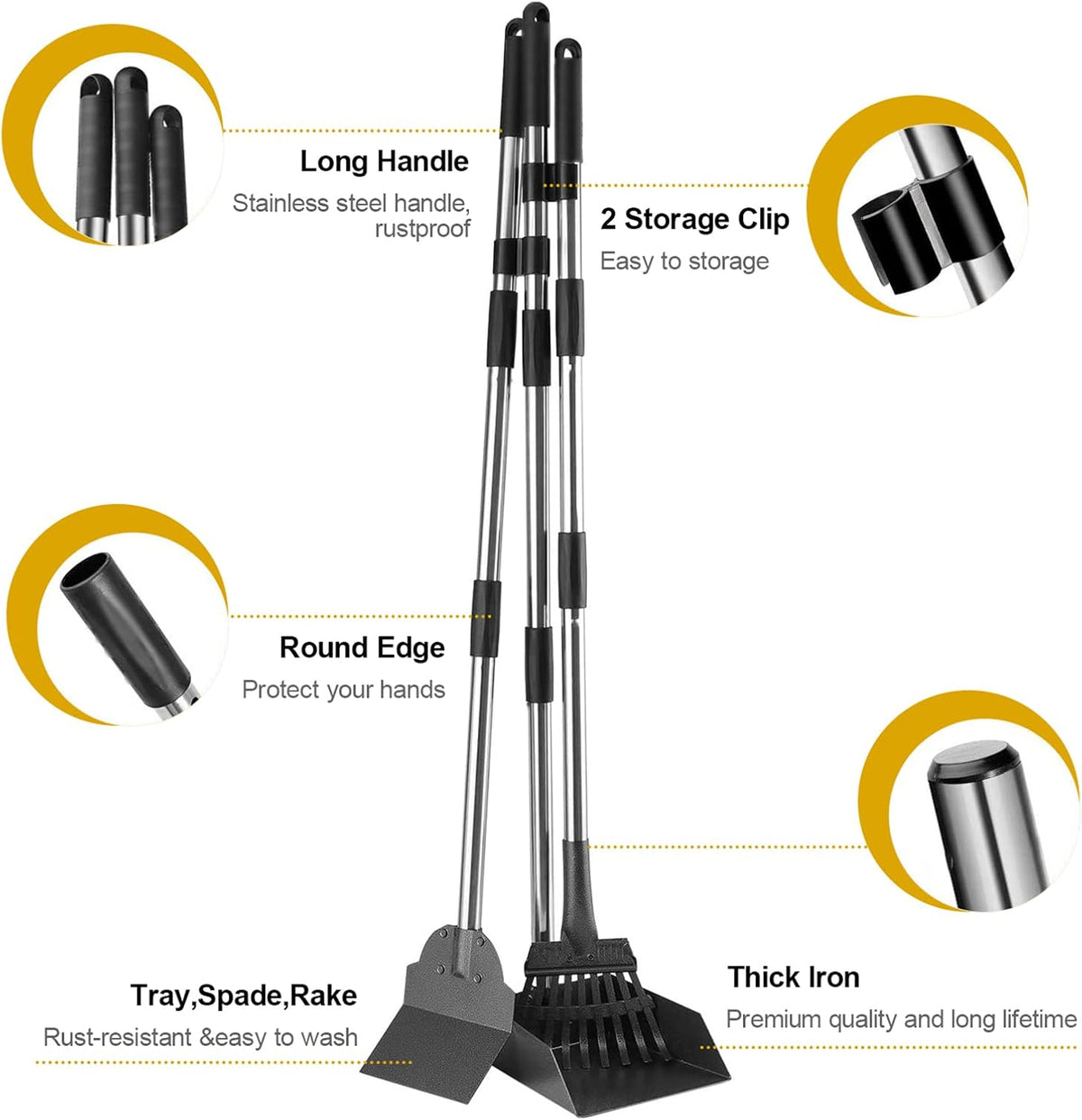 Pooper Scooper for Dogs, Metal Poop Scooper Tray and Rake Set with Adjustable Long Handle, Dog - Silver & Black - image 2
