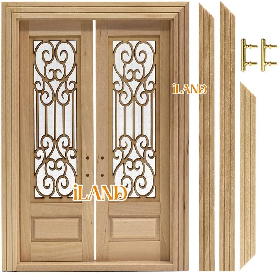 iLAND 1:12 scale unfinished wooden dollhouse door with 3D acrylic windowpane and gold handle - view 6