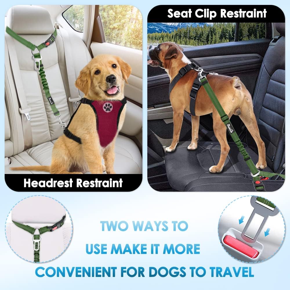 SlowTon Dog Seat Belt for Car - H.Green / Medium/Large (Headrest + Clip) - image 2