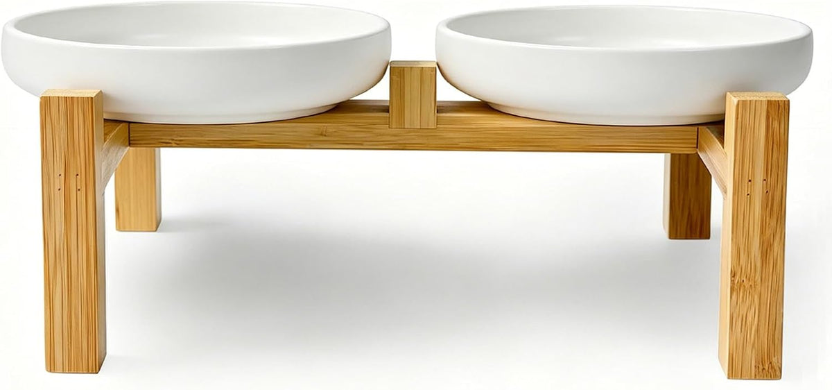 Ceramic Cat Bowls, Shallow Cat Dishes for Food and Water - White elevated