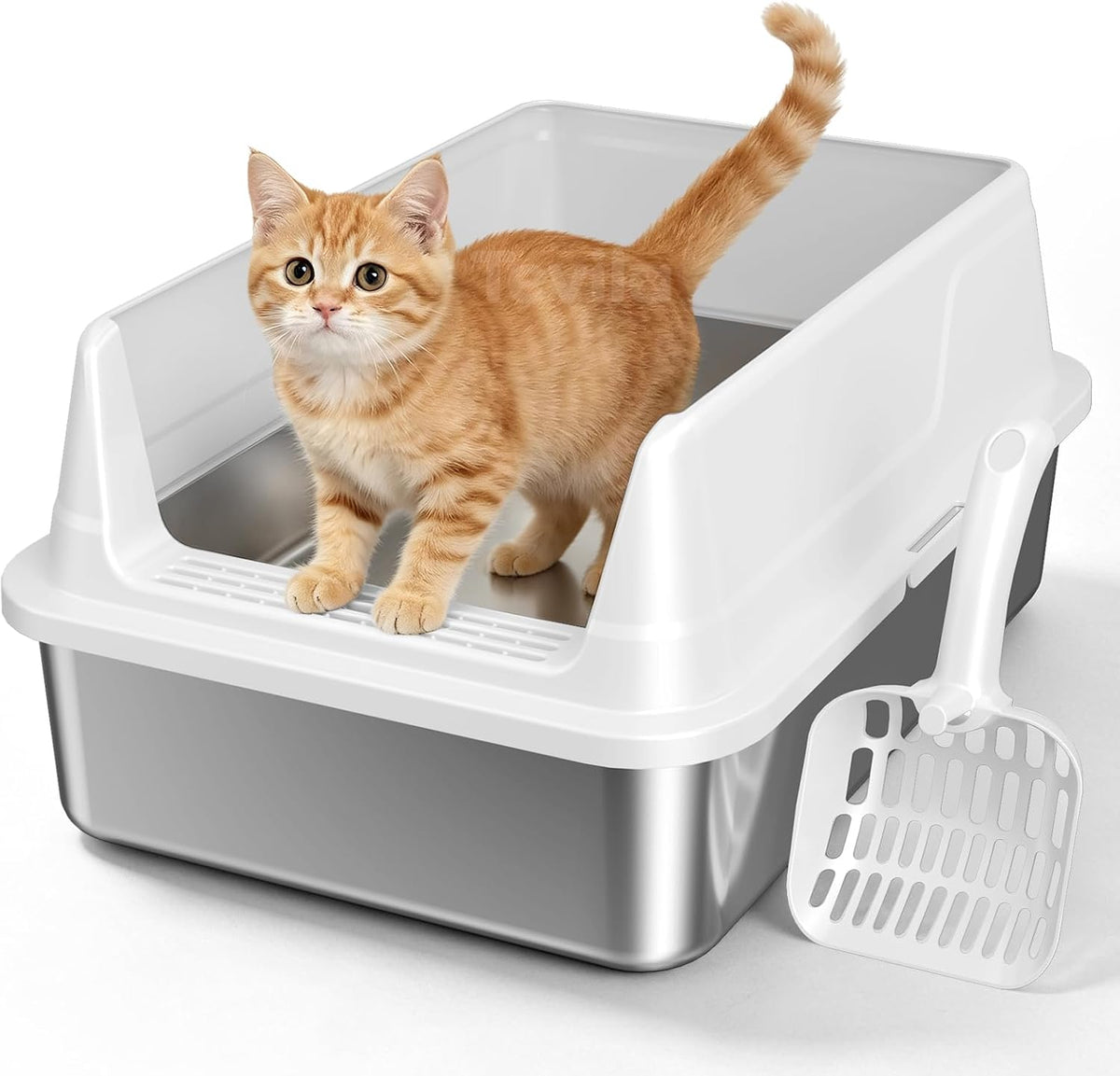 Stainless Steel Litter Box with Scoop, Small Metal Pan for Cats - Light Gray