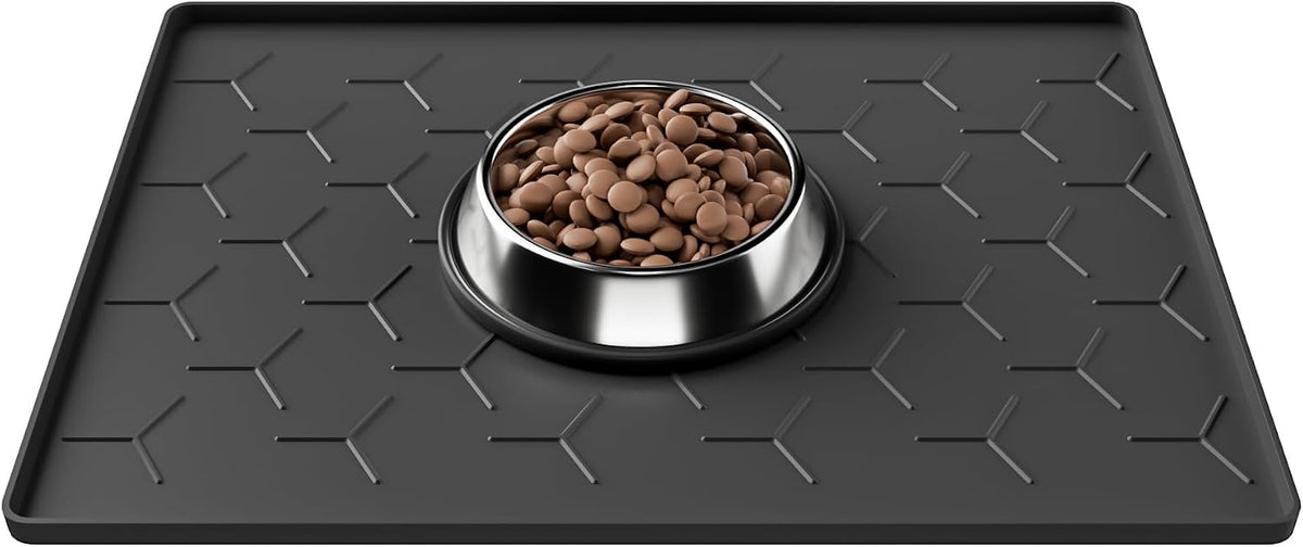 Pieviev Silicone Dog Cat Food Bowl Mat, Waterproof Raised Edge - S-16''X12'' / Black