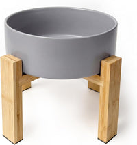 Elevated Cat Water Bowl, Ceramic Raised Cat Food Bowl with Adjustable Bamboo Stand, 5.1" Compact - Large / Grey