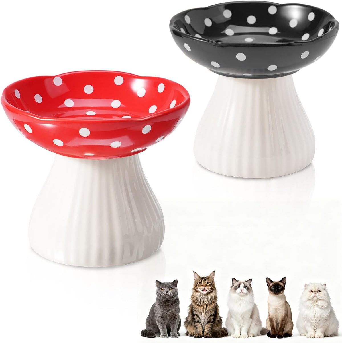 Mushroom Cat Bowl, Whisker Fatigue Cat Bowl, Cute Cat Bowls - Red+Black