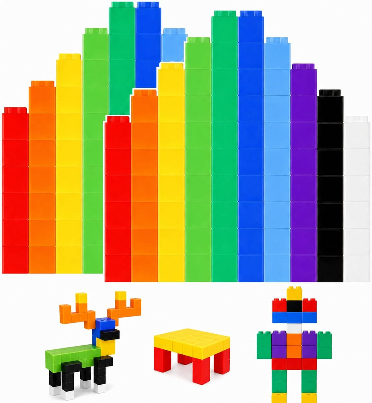 Jenaai linking cubes for math, 200 colorful plastic counting cubes snapped into towers