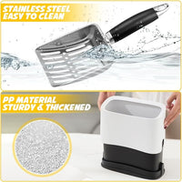 Cat Litter Scooper with Holder, Stainless Steel Cat Litter Scoop, Kitty Poop Scooper Stand for Litter Box, Cat Caddy for Litter Scoop, Fast Sifting Kitty Poop Scooper Caddy Poop Scooper Stand