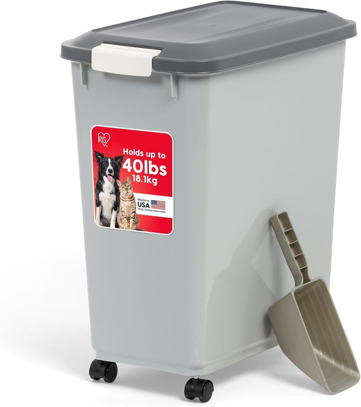 IRIS USA Airtight Pet Food Storage Rolling Container - 40 lbs / Gray/Dark Gray