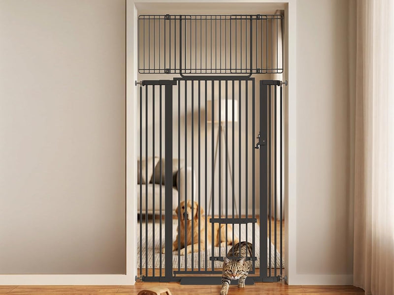 71" Extra Tall Cat Gate 29.5-40.6 Wide Pet gate with Small Cat Door - Black / 71 inches SET A