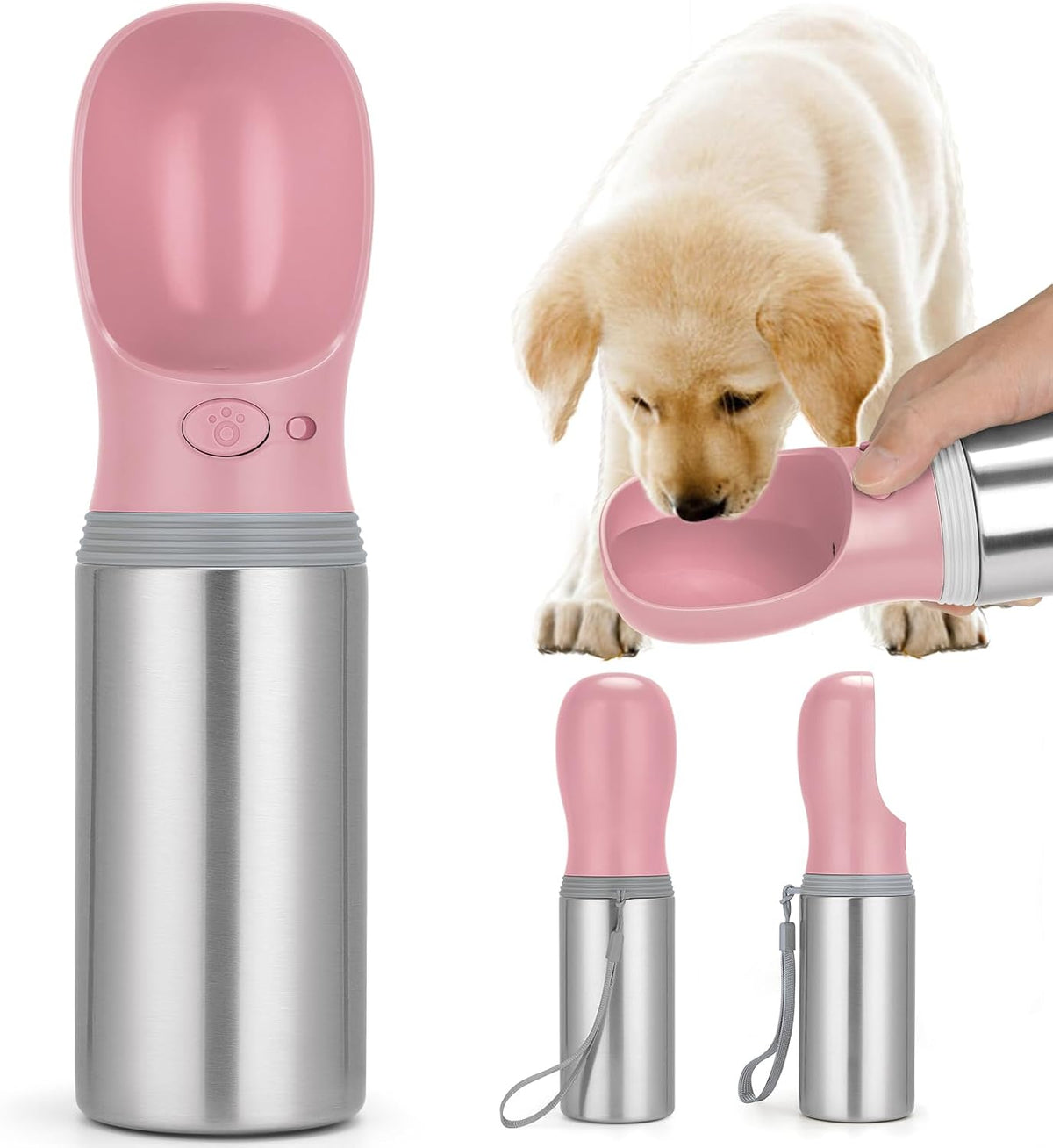 Portable Dog Water Bottle - Button switch / 14 OZ - Pink