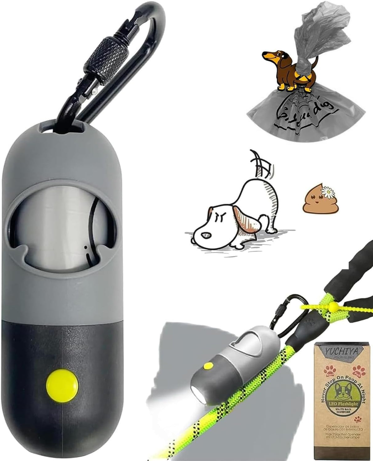 Dog Poop Bag Holder Dispenser with LED Flashlight – Essentials for Dogs - Gray
