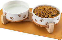 Ceramic Dog Bowls, 3.5 Cups Dog Food and Water Bowl Set for Medium Dogs with Wooden Stand - 4 .0 Cups