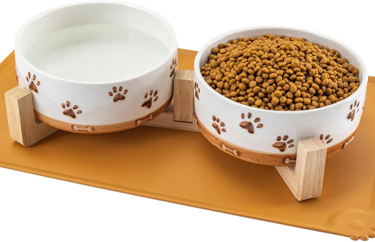 Ceramic Dog Bowls, 3.5 Cups Dog Food and Water Bowl Set for Medium Dogs with Wooden Stand - 4 .0 Cups